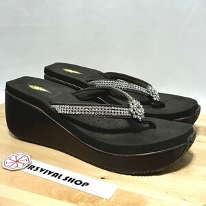 Volatile Womens Dark Brown Beaded Stud Slip On Wedge Classic Thong Sandal - 8